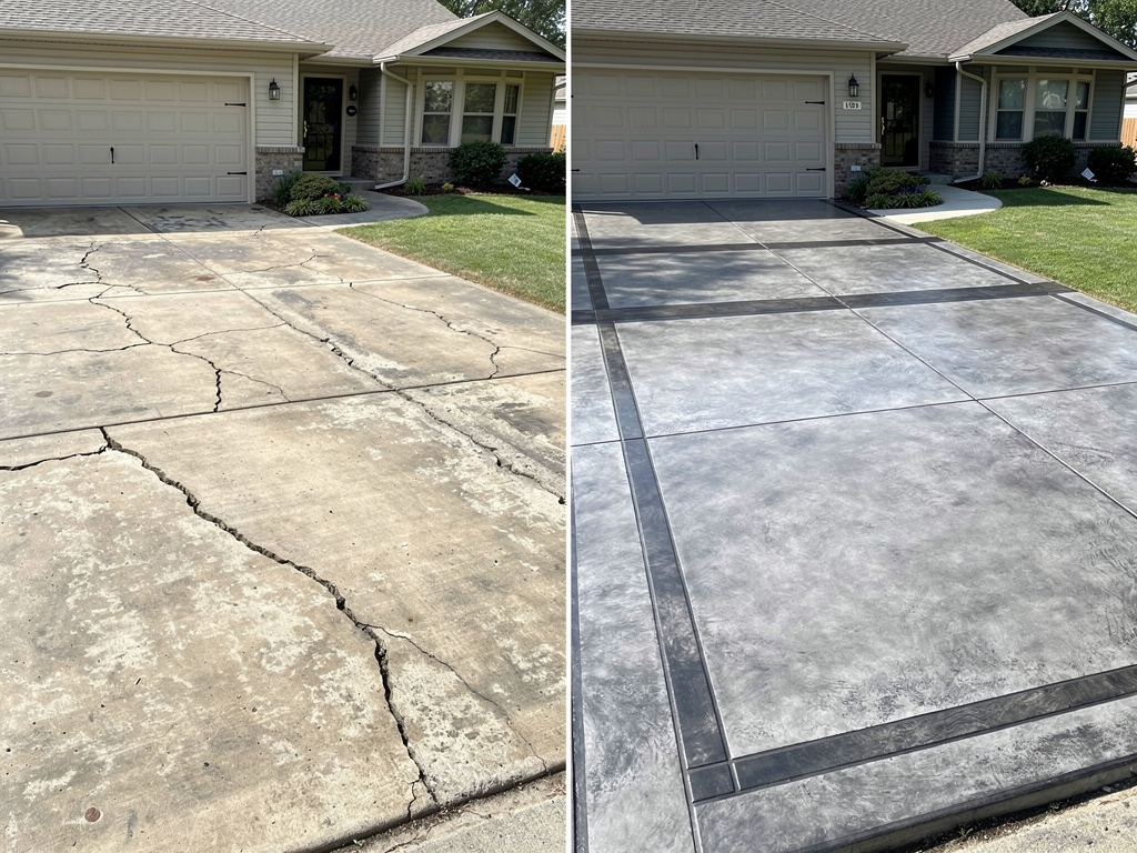Concrete driveway after crack repair and resurfacing overlay in Conroe, TX