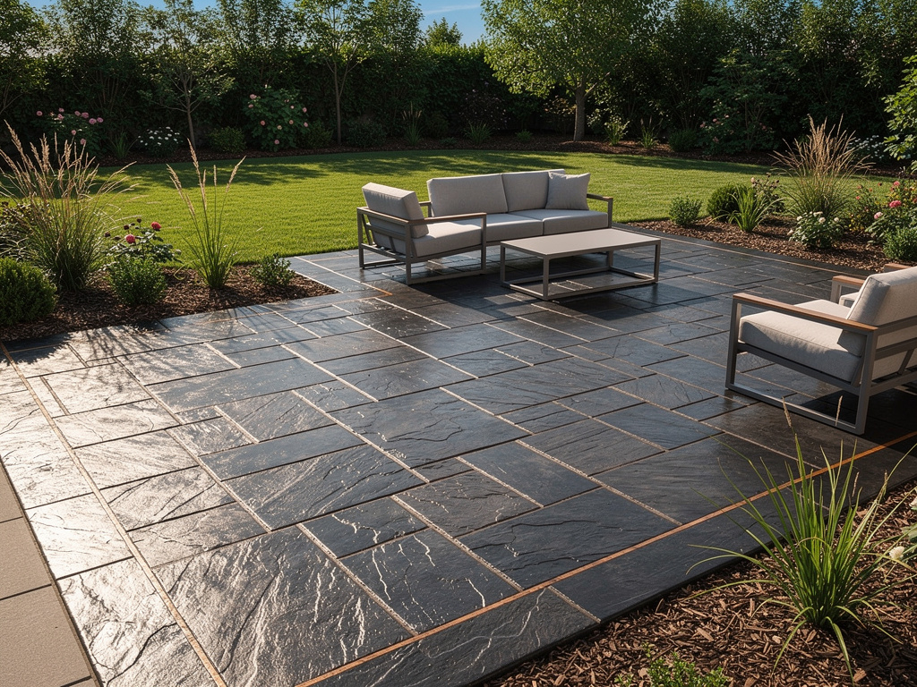 Ashlar slate stamped concrete patio with charcoal color in The Woodlands, TX backyard